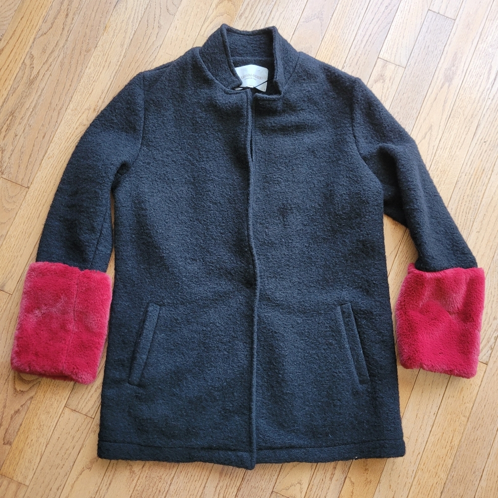 Marisa & Marie Boiled Wool Oversized Black Coat Jacket Red Fur Cuff S